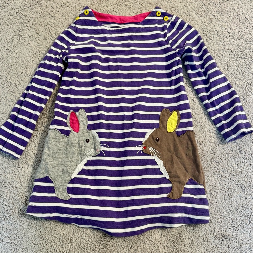 2-3Y Mini Boden Striped Purple Dress with Bunny Appliqués